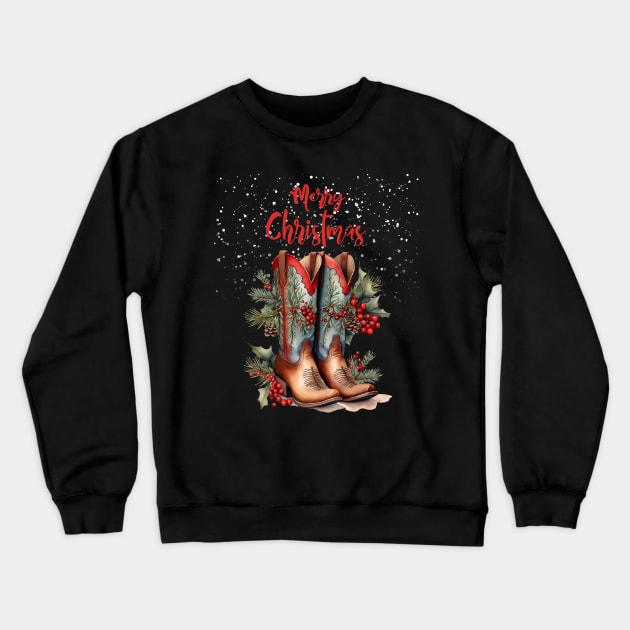 Merry Christmas, Christmas gifts and cowgirl boots, mistletoe branches, hawthorn and pine branches with pine cones Crewneck Sweatshirt by Collagedream